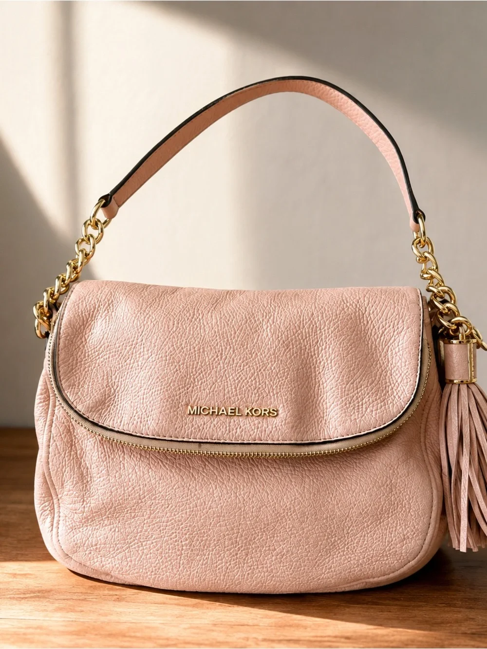 Michael Kors Blush Pink Pebbled Leather Shoulder Bag Tassel Gold Chain